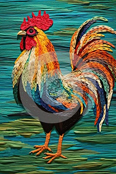 Yarn painting of a rooster