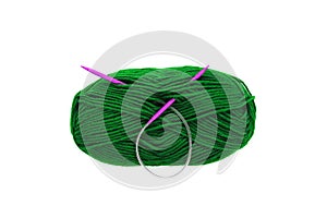 Yarn skein for hand knitting and crochet on white background isolated. Ball of soft wool with needle.Twisted hank thread