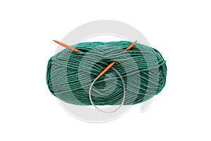 Yarn skein for hand knitting and crochet on white background isolated. Ball of soft wool with needle.Twisted hank thread
