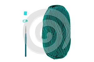 Yarn skein for hand knitting and crochet on white background isolated. Ball of soft wool with needle.Twisted hank thread