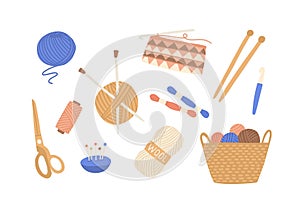 Yarn and threads colorful flat vector illustrations set. Skein of wool, knitting needles, yarn basket, weaving wool photo