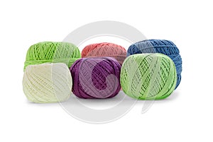 Yarn of wool for knitting on white background. Green, pink, blue, purple tangle. Needlework, handmade. Isolated