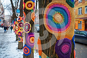 Yarnbombing Trees, Benches, Knitting Street art, Colorful Crochet on City Street