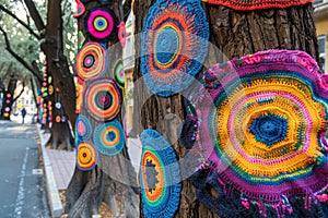 Yarnbombing Trees, Benches, Knitting Street art, Colorful Crochet on City Street