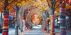 Yarnbombing Trees, Benches, Knitting Street art, Colorful Crochet on City Street