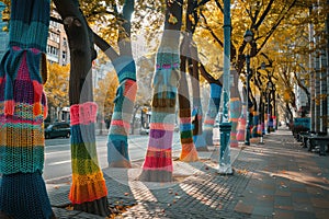 Yarnbombing Trees, Benches, Knitting Street art, Colorful Crochet on City Street