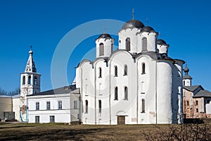 Yaroslav`s Court in Veliky Novgorod. Nikolo-Dvorishchensky Cathedral, an important historical tourist site of Russia