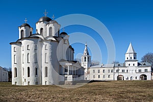 Yaroslav`s Court in Veliky Novgorod. Nikolo-Dvorishchensky Cathedral, an important historical tourist site of Russia