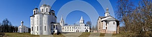 Yaroslav`s Court in Veliky Novgorod. Nikolo-Dvorishchensky Cathedral, an important historical tourist site of Russia