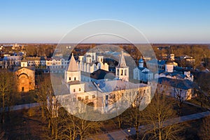 Yaroslav`s Court in Veliky Novgorod. Nikolo-Dvorishchensky Cathedral, an important historical tourist site of Russia, aerial view