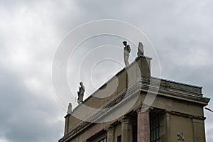 Yaroslavl region, Russia, July 9, 2023. Roof with sculptures of the technical building of the river lock.