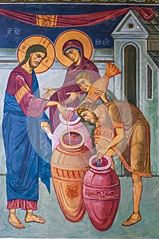 Fragment of mural painting of Jesus Christ miracle in Tolga Monastery