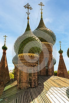 Domes with crosses of the Orthodox Church of St. Nicholas Wet in the city of Yaroslavl