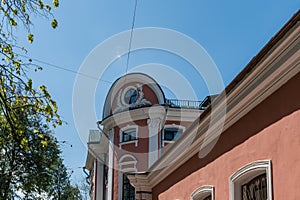 Yaroslavl, Russia, July 5, 2023. A fragment of the facade of an ancient building in the city center.