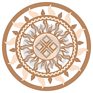 Yarylo Makosh, an ancient Slavic symbol, decorated with Scandinavian patterns. Beige fashion design