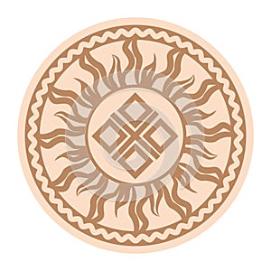 Yarylo Makosh, an ancient Slavic symbol, decorated with Scandinavian patterns. Beige fashion design photo