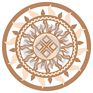 Yarylo Makosh, an ancient Slavic symbol, decorated with Scandinavian patterns. Beige fashion design photo