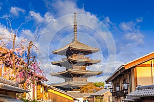 Yasaka Pagoda and Sannen Zaka Street with cherry blossom in Kyoto, Japan