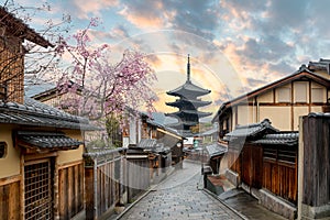 Yasaka Pagoda and Sannen Zaka Street with cherry blossom in the photo