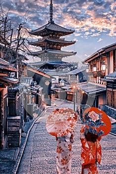 Yasaka Pagoda and Sannen Zaka Street in the evening, Kyoto, Japan