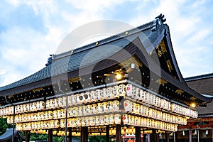 Yasaka Shrine, once called Gion Shrine, paper lanterns on Shinto shrine in the Gion District of Kyoto, Japan