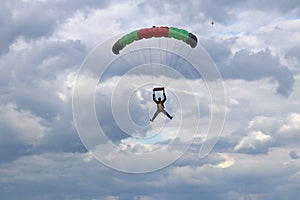 Yaslo, Poland - july 1 2018: The parachutist jumps with the parachute in difficult meteorological conditions. A shaving flight on