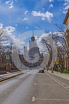 Yauzsky Boulevard in the early spring morning. Inside the Garden Ring. Moscow, Russia