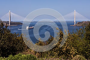 Yavuz Sultan Selim Bridge and Merchant ship on Marmara Sea