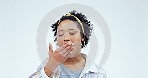 Yawn, hand and woman face on studio bored, annoyed and unhappy on white background space. Portrait, frown and female