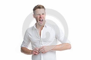 Yawn is silent scream. Yawny man undress isolated on white. Handsome guy give yawn. Tiredness and fatigue. Yawn when photo