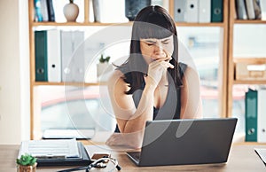 Yawn, tired and business woman in office while working on laptop in company workplace. Computer, exhausted and bored