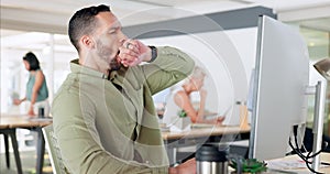 Yawn, tired employee and man at desk of marketing, design and advertising company feeling exhausted at risk of burnout