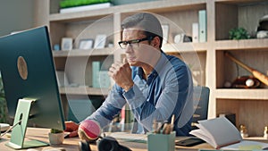 Yawning man working computer home office closeup. Freelancer guy reading monitor