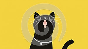 Yawning or singing 2d cat illustration. Black and yellow, horizontal layout photo