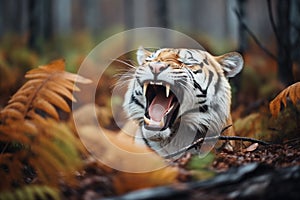 yawning tiger showing teeth in forest clearing