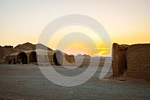 Yazd, Iran - May 2022: Ruins of Zoroastrians Dakhmeh Towers of Silence in Yazd city