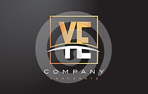 YE Y E Golden Letter Logo Design with Gold Square and Swoosh.