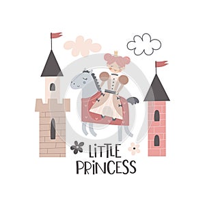 Little princess. cartoon princess, castle, hand drawing lettering, decor elements. colorful vector illustration, flat style.