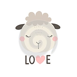 Love. Cartoon sheep, hand drawing lettering. colorful vector illustration, flat style.