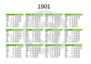 year 1901 calendar in English