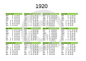 year 1920 calendar in English