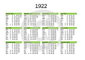 year 1922 calendar in English