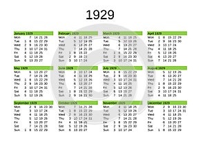 year 1929 calendar in English