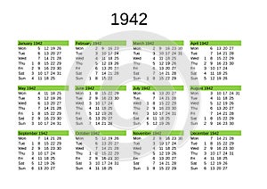 year 1942 calendar in English