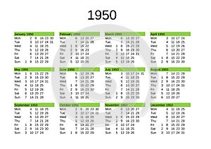 year 1950 calendar in English