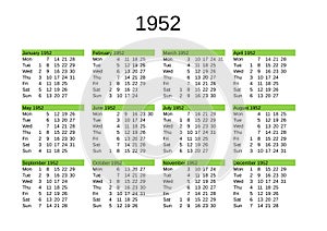 year 1952 calendar in English