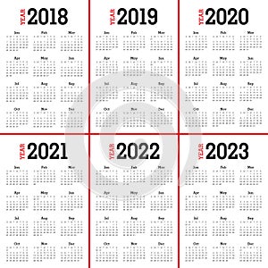 Year 2018 2019 2020 2021 2022 2023 calendar vector