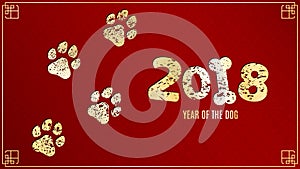 The year 2018 is a earth dog. Golden traces in grunge style on a red background with a pattern. Chinese New Year. Vector illustrat