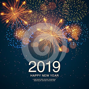 The year 2019 displayed with fireworks and strobes. New year and holidays concept.