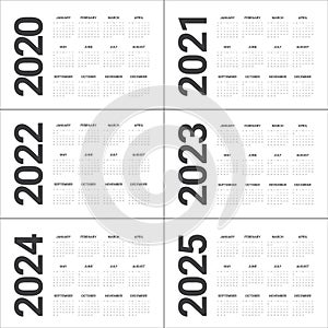 Year 2020 2021 2022 2023 2024 2025 calendar vector design template